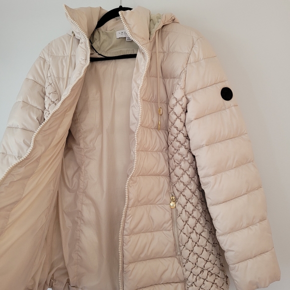 LAUNDRY BY SHELLI SEGAL Cream Beige Quilted Puffer Long Hooded Jacket - Picture 3 of 10